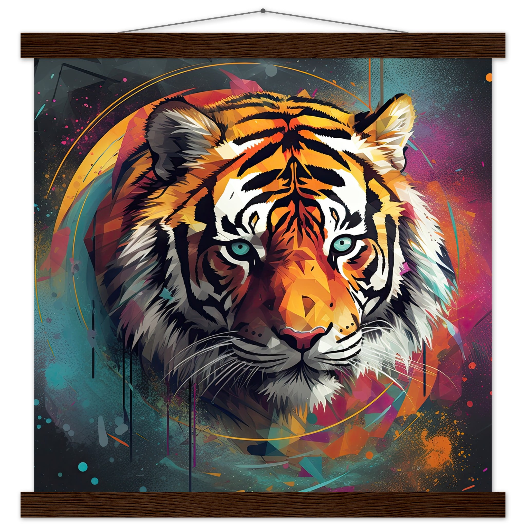 Tiger Colorful Abstract Art Print with Hanger – 40×40 cm / 16×16″, Dark wood wall hanger