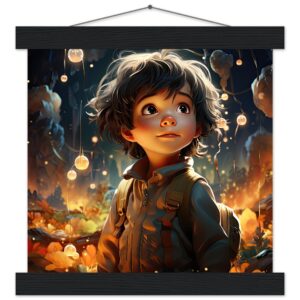 Enchanted World - Boy Adventurer - Art Print with Hanger - 25x25 cm / 10x10″, Black wall hanger