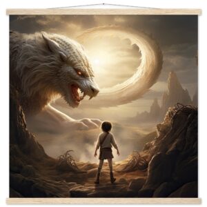 The Boy and the Chimera Art Print with Hanger - 70x70 cm / 28x28″, Natural wood wall hanger