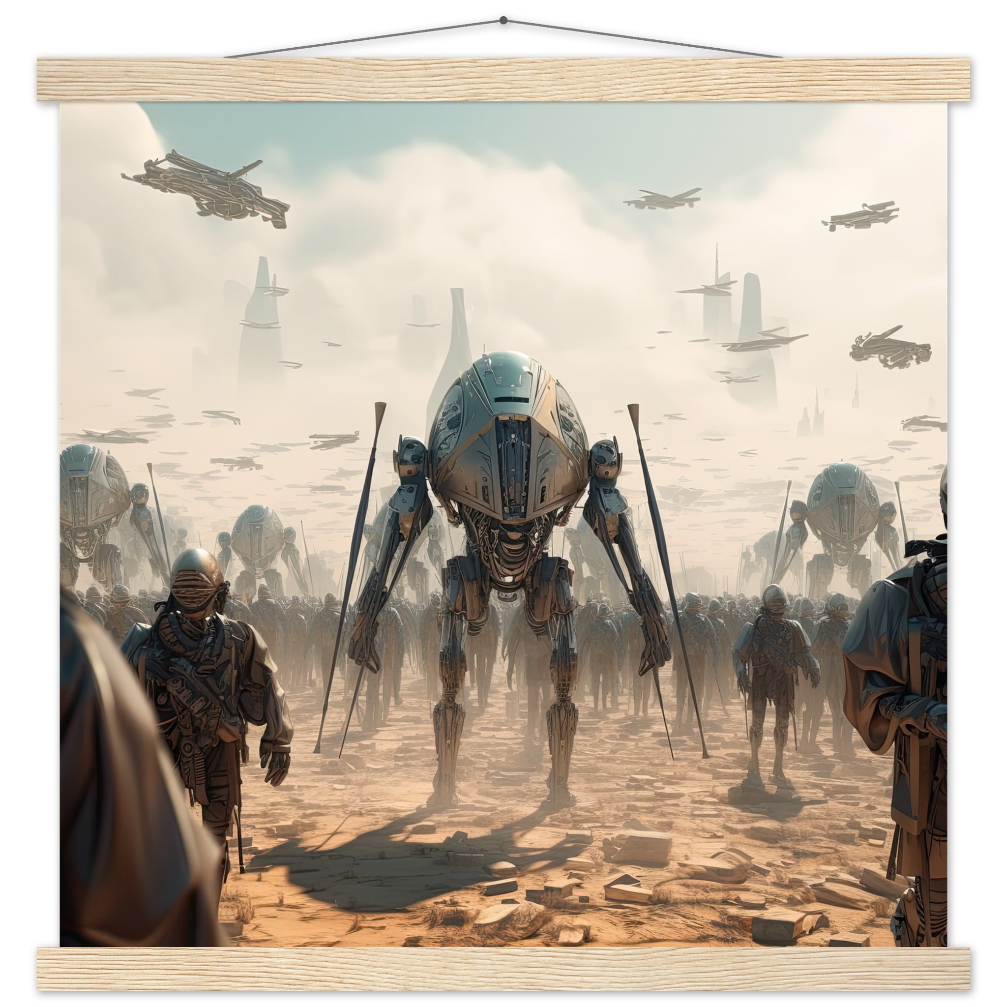 Future War Sci-Fi Art Print with Hanger – 45×45 cm / 18×18″, Natural wood wall hanger