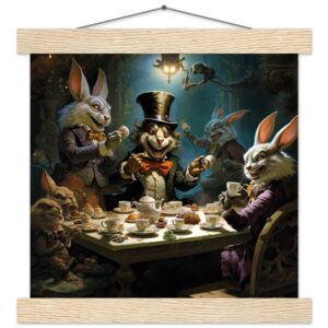 Mad Hatter's Tea Party Art Print with Hanger - 25x25 cm / 10x10″, Natural wood wall hanger