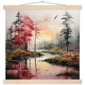 Red Lake Sunset - Watercolor Landscape Print with Hanger - 40x40 cm / 16x16″, Natural wood wall hanger