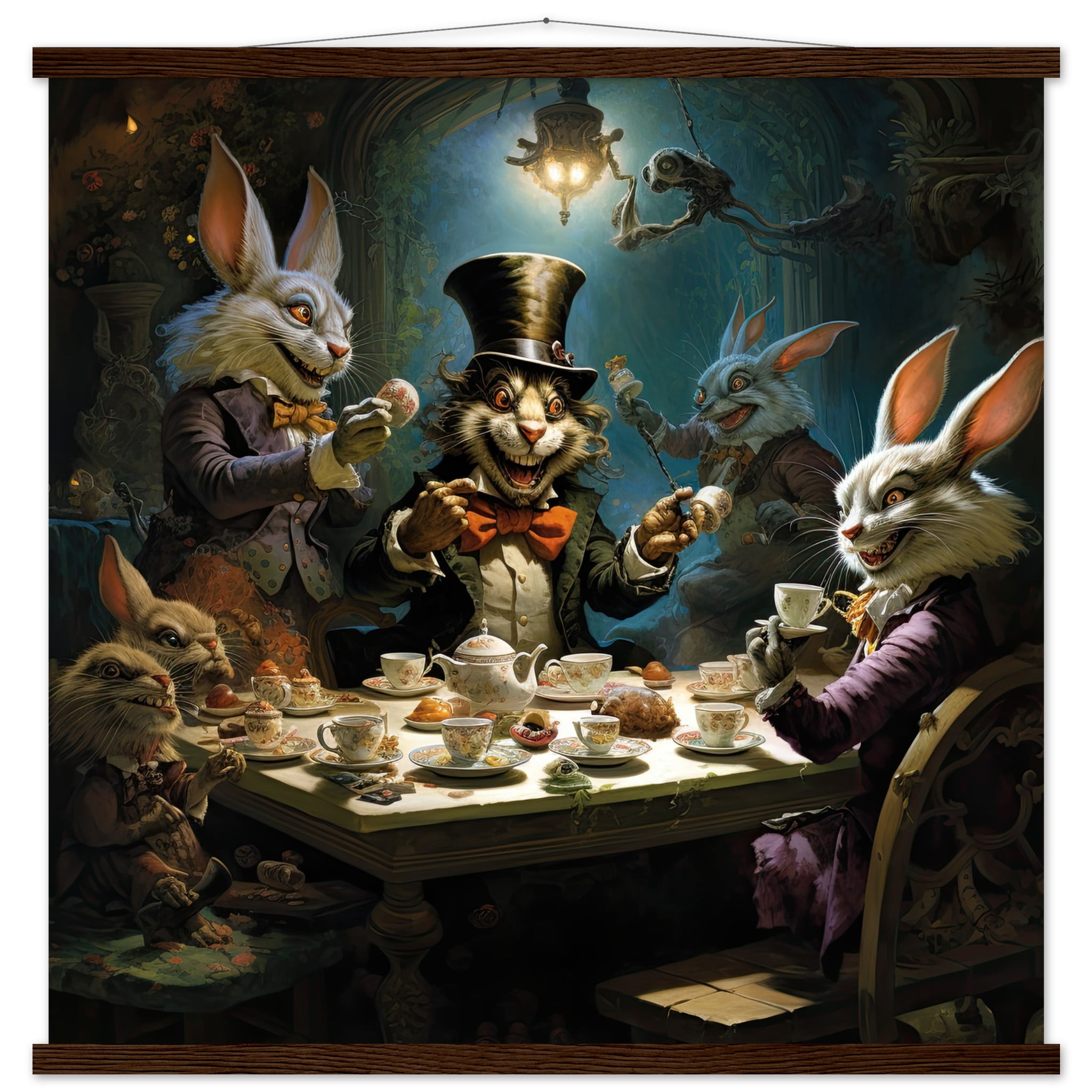 Mad Hatter’s Tea Party Art Print with Hanger – 70×70 cm / 28×28″, Dark wood wall hanger
