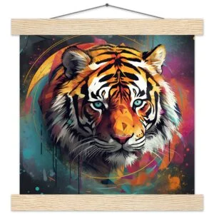 Tiger Colorful Abstract Art Print with Hanger - 25x25 cm / 10x10″, Natural wood wall hanger
