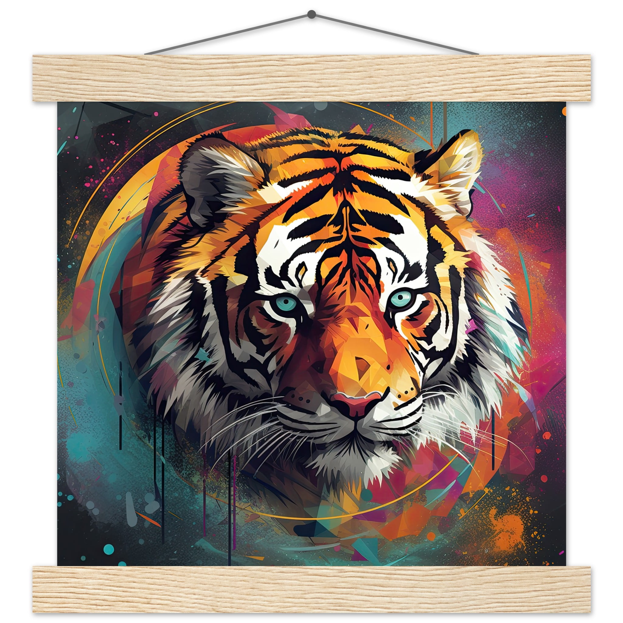 Tiger Colorful Abstract Art Print with Hanger – 25×25 cm / 10×10″, Natural wood wall hanger