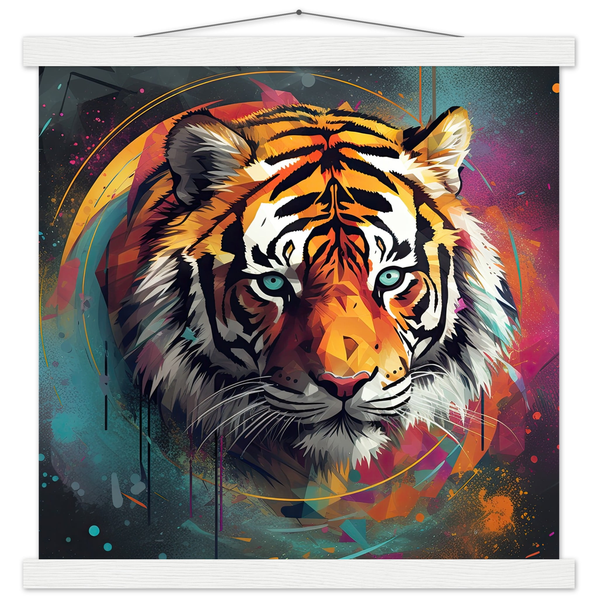 Tiger Colorful Abstract Art Print with Hanger – 40×40 cm / 16×16″, White wall hanger
