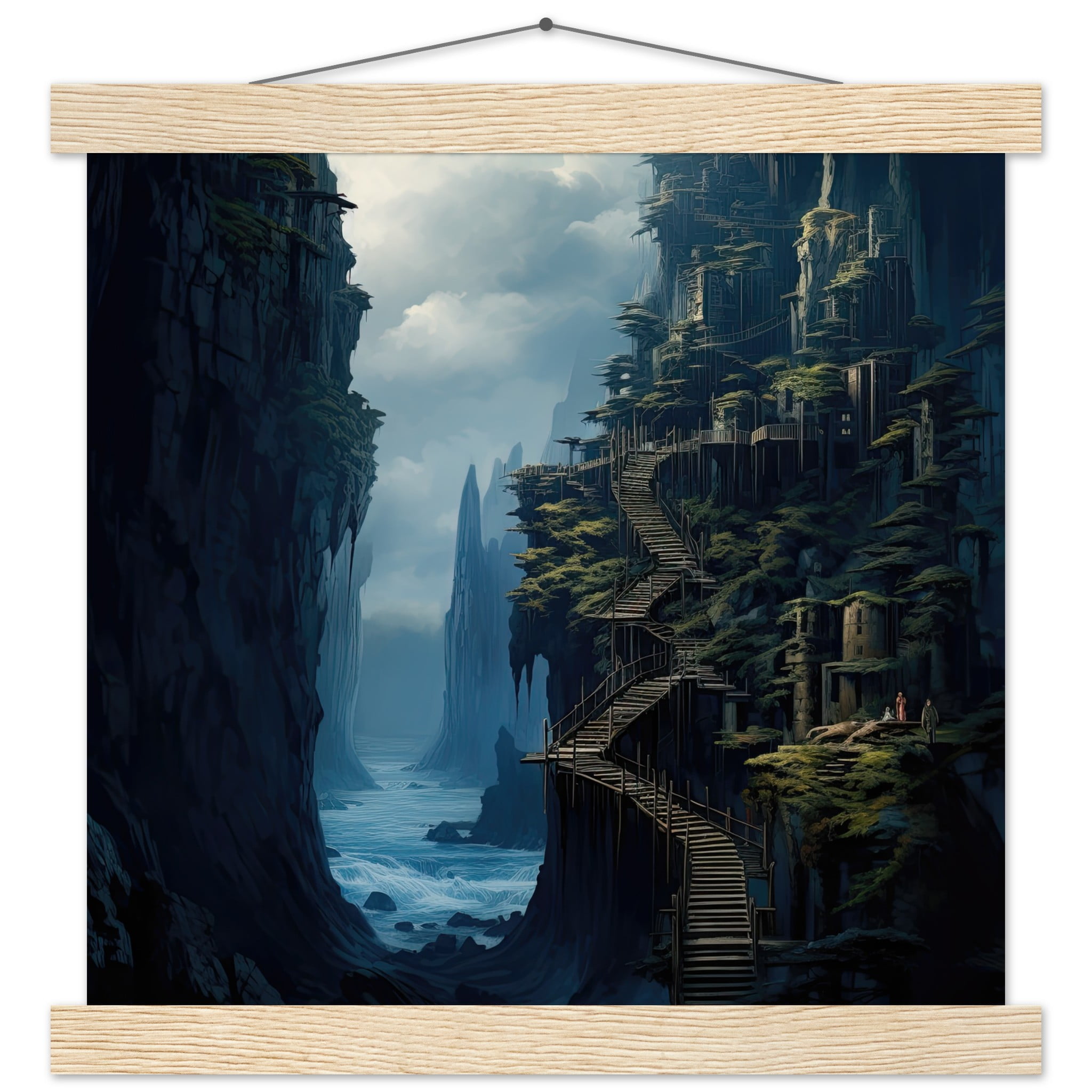 Cliffside Kingdom Landscape Art Print with Hanger – 30×30 cm / 12×12″, Natural wood wall hanger