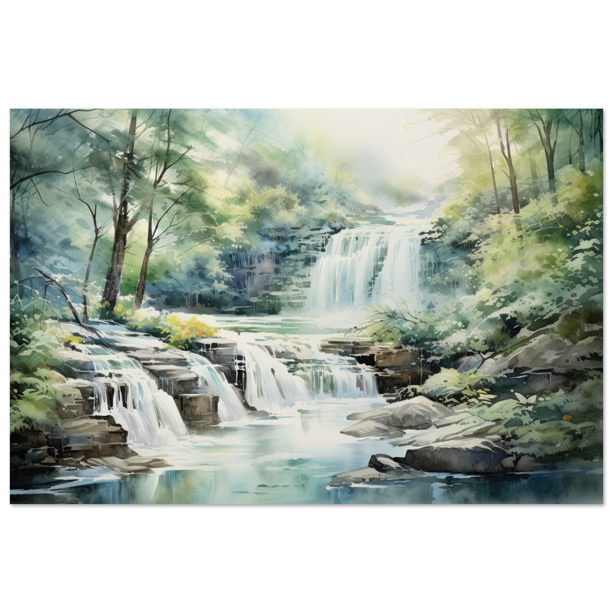 Serene Waterfall in Watercolor Art Poster – 30×45 cm / 12×18″