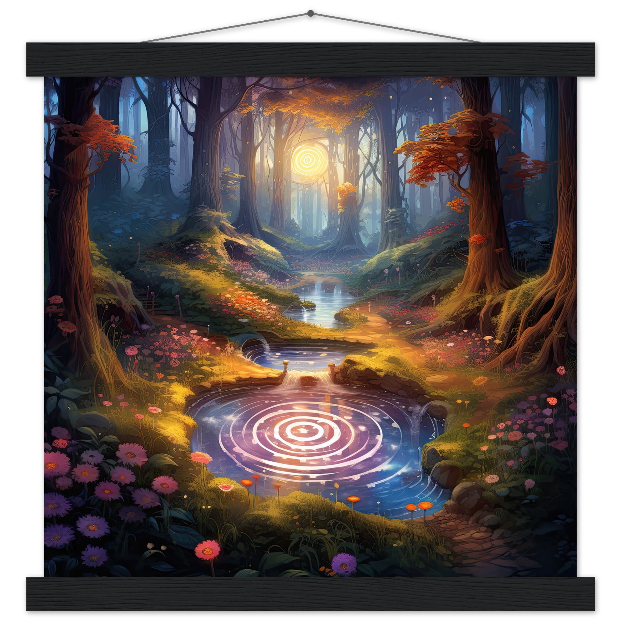 Mesmerizing Forest Whirlpool Art Print with Hanger – 35×35 cm / 14×14″, Black wall hanger
