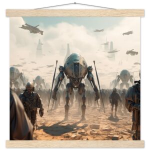 Future War Sci-Fi Art Print with Hanger - 40x40 cm / 16x16″, Natural wood wall hanger