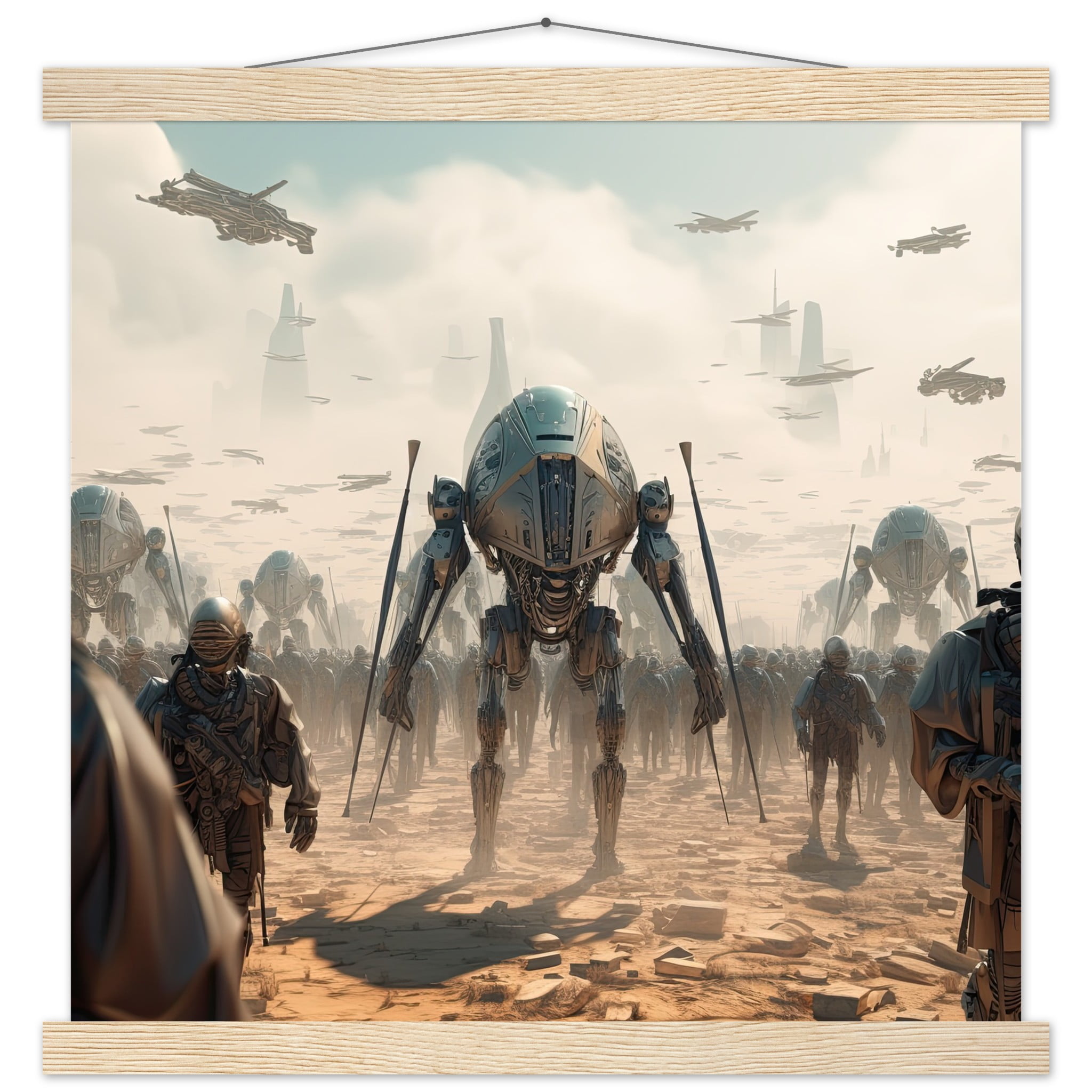 Future War Sci-Fi Art Print with Hanger – 40×40 cm / 16×16″, Natural wood wall hanger