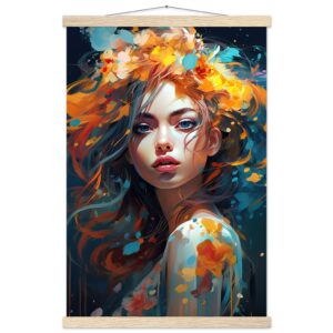 Girl Painted in Color Art Print with Hanger - 40x60 cm / 16x24″, Natural wood wall hanger