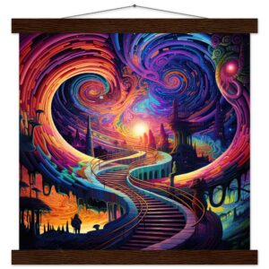 Trippy Colorful Adventure Art Print with Hanger - 35x35 cm / 14x14″, Dark wood wall hanger