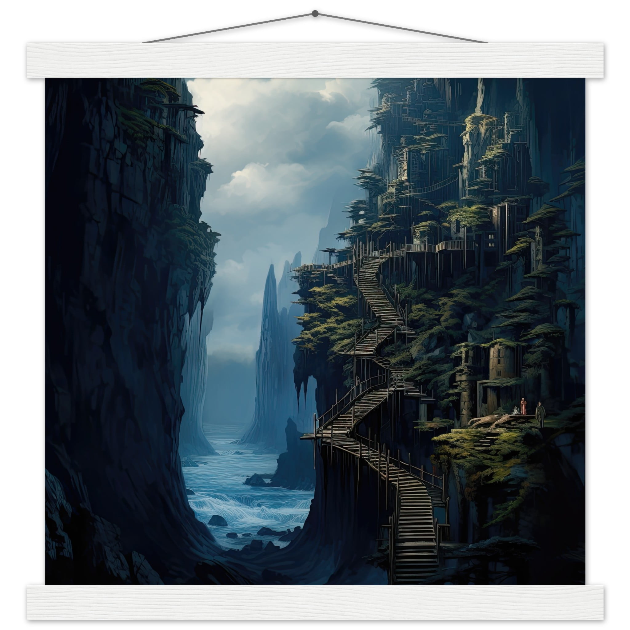 Cliffside Kingdom Landscape Art Print with Hanger – 35×35 cm / 14×14″, White wall hanger