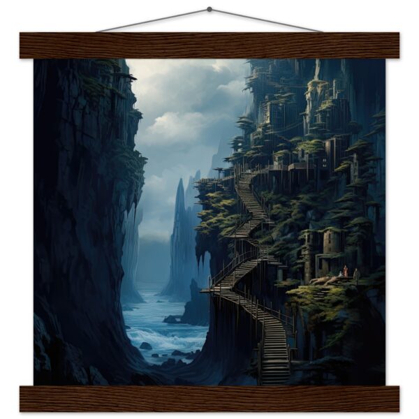 Cliffside Kingdom Landscape Art Print with Hanger - 30x30 cm / 12x12″, Dark wood wall hanger