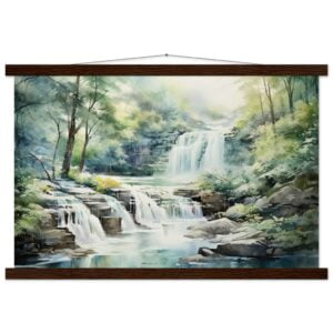 Serene Waterfall in Watercolor Art Print with Hanger - 40x60 cm / 16x24″, Dark wood wall hanger