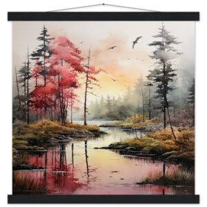 Red Lake Sunset - Watercolor Landscape Print with Hanger - 45x45 cm / 18x18″, Black wall hanger