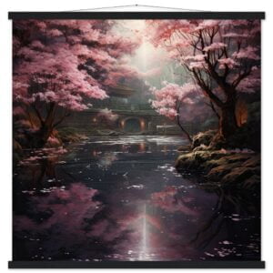 Secret Cherry Blossom Temple Art Print with Hanger - 70x70 cm / 28x28″, Black wall hanger