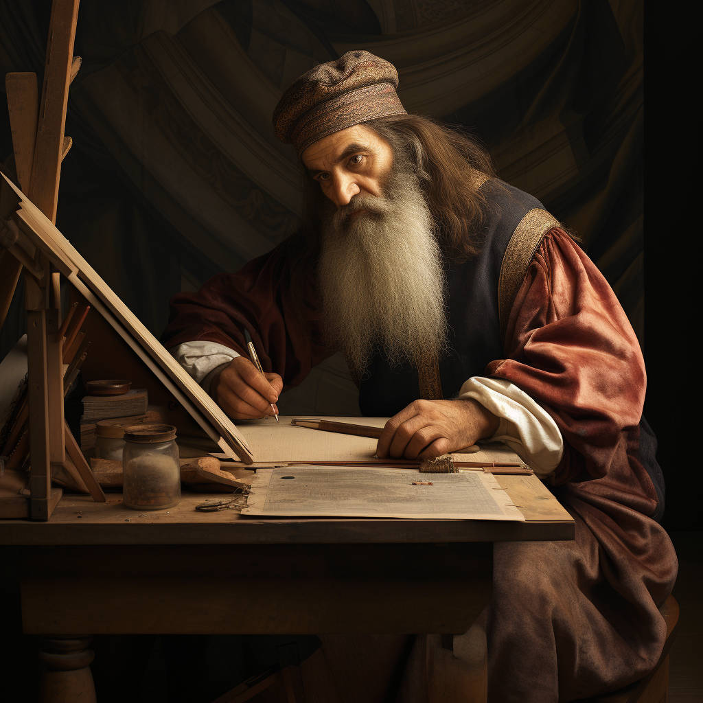 Leonardo Da Vinci style painting of a person painting/drawing