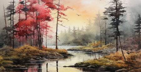 A beautiful watercolor landscape artwork of a beautiful river and trees