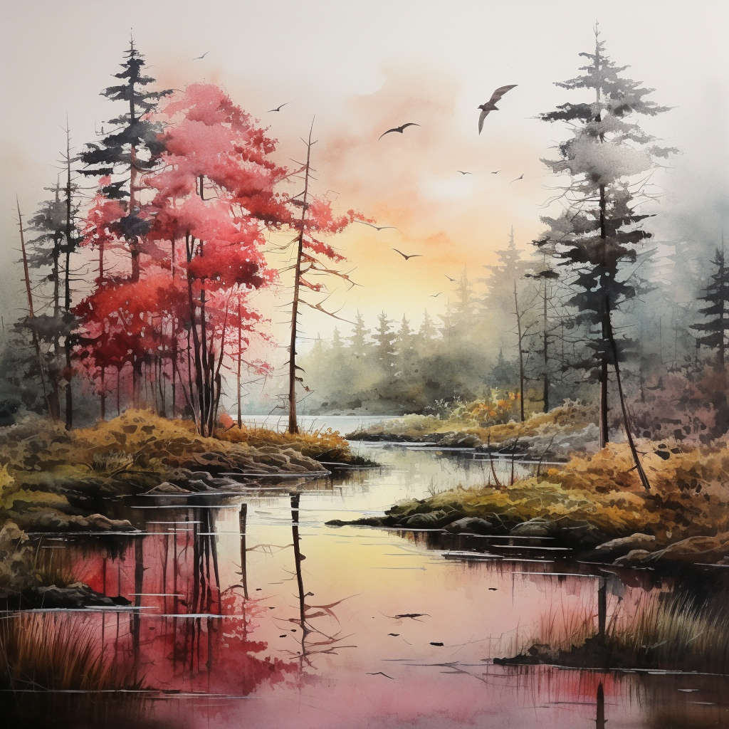 A beautiful watercolor landscape artwork of a beautiful river and trees