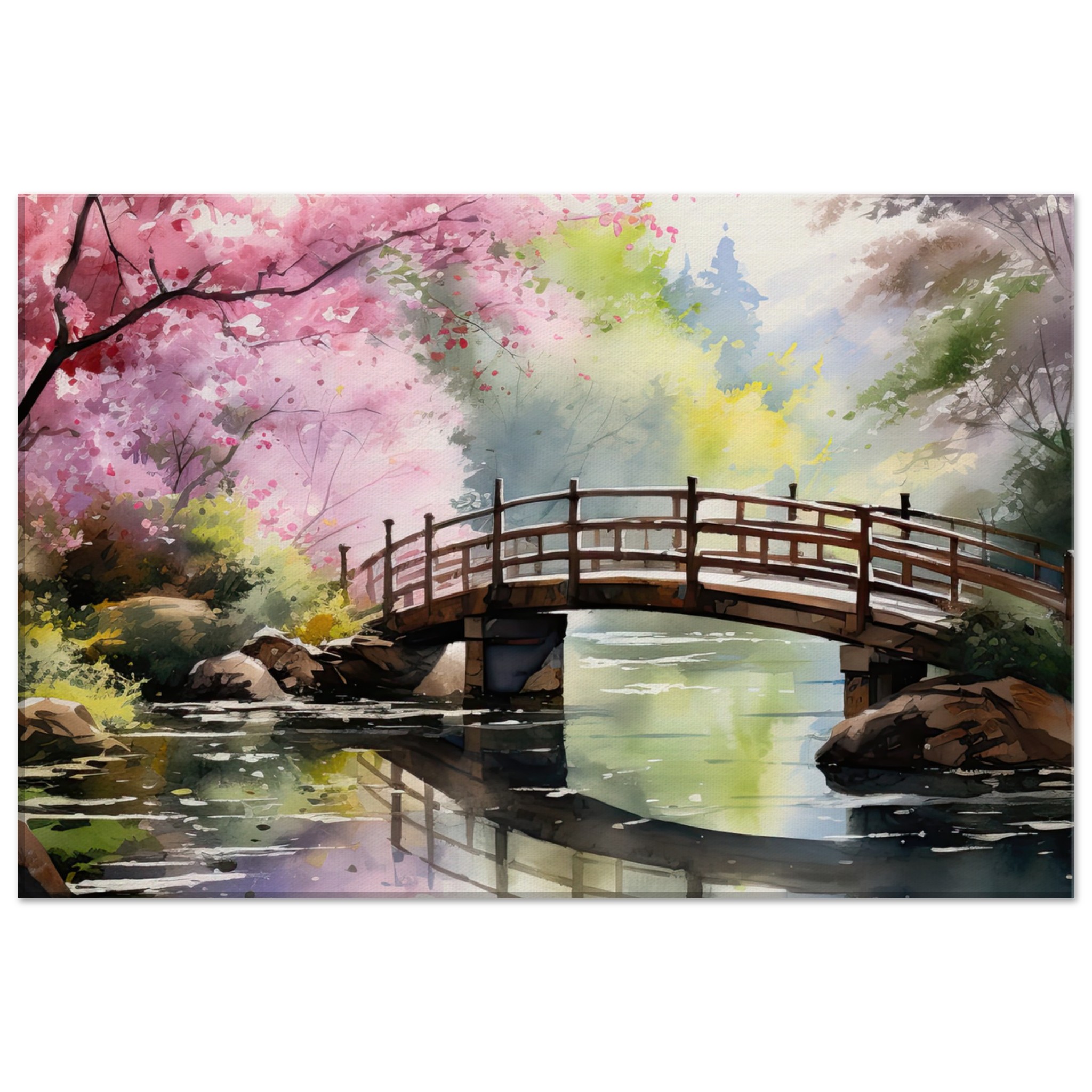 Cherry Blossom Bridge Watercolor Canvas Print – 40×60 cm / 16×24″, Thick