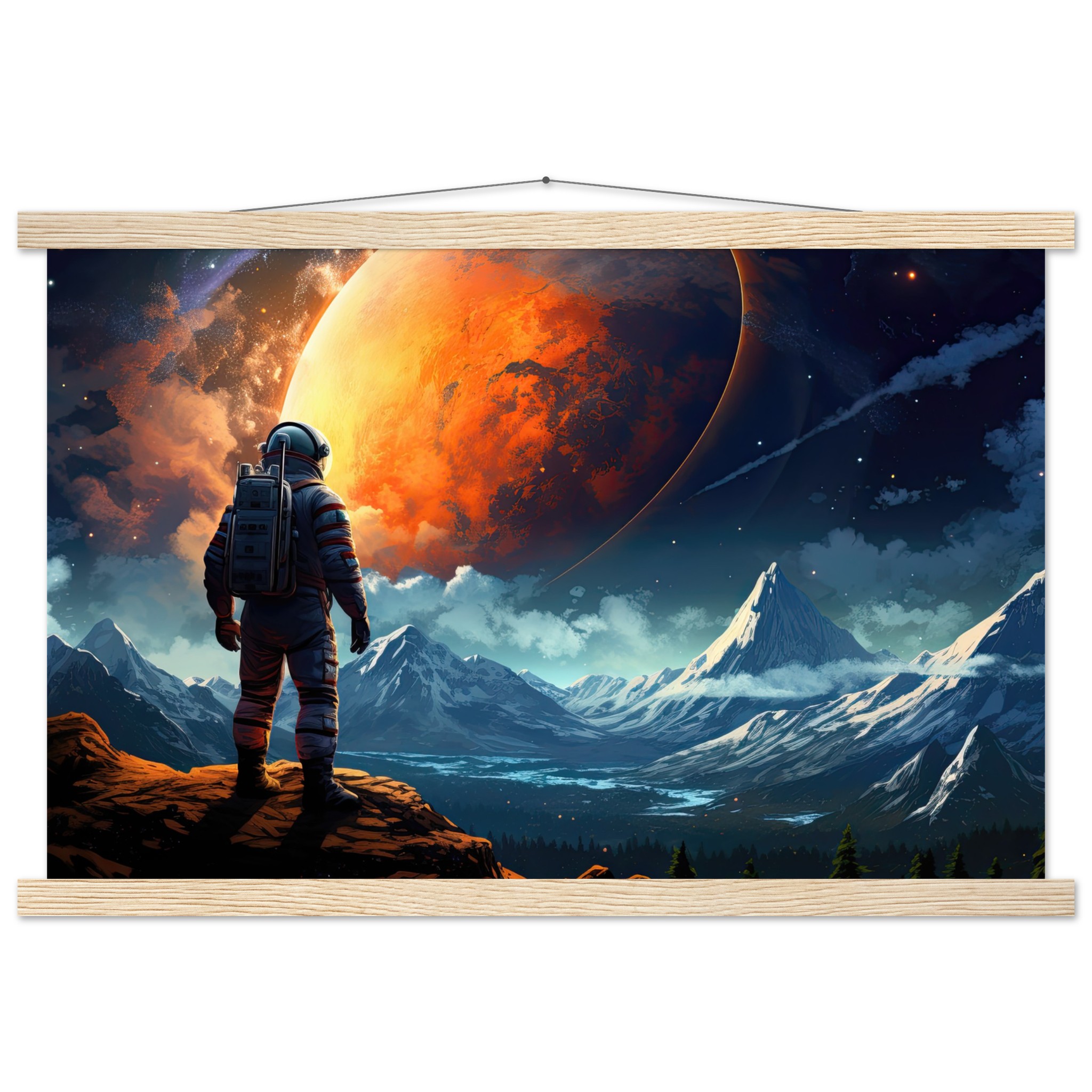 The Great Moon – Astronaut Hanging Print – 40×60 cm / 16×24″, Natural wood wall hanger