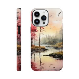 Red Lake Sunset – Watercolor Landscape Phone Case - Tough case, Apple - iPhone 14 Pro Max