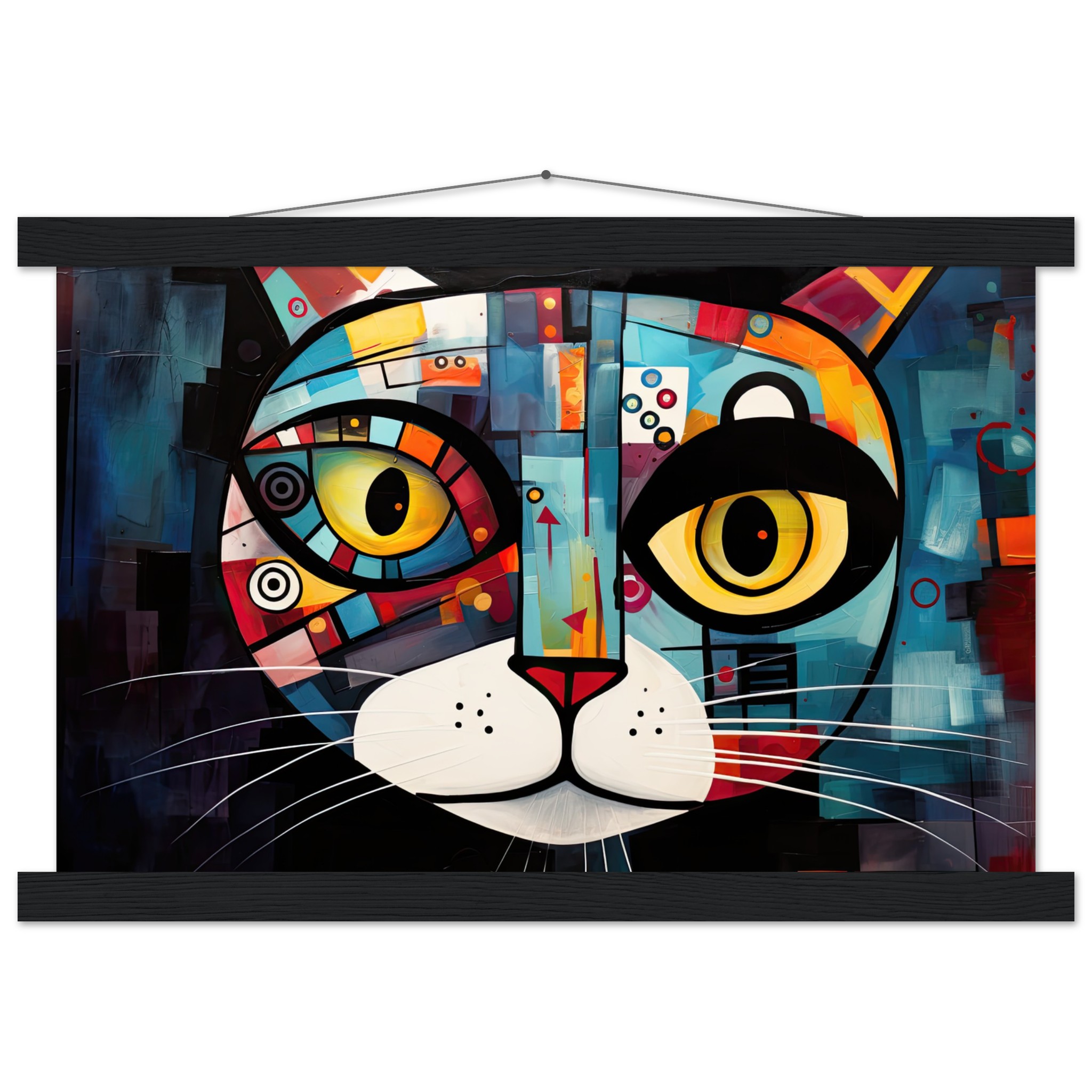 Abstract Painted Cat Face Hanging Print – 30×45 cm / 12×18″, Black wall hanger