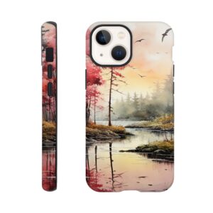 Red Lake Sunset – Watercolor Landscape Phone Case - Tough case, Apple - iPhone 13 Mini