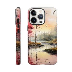 Red Lake Sunset – Watercolor Landscape Phone Case - Tough case, Apple - iPhone 13 Pro