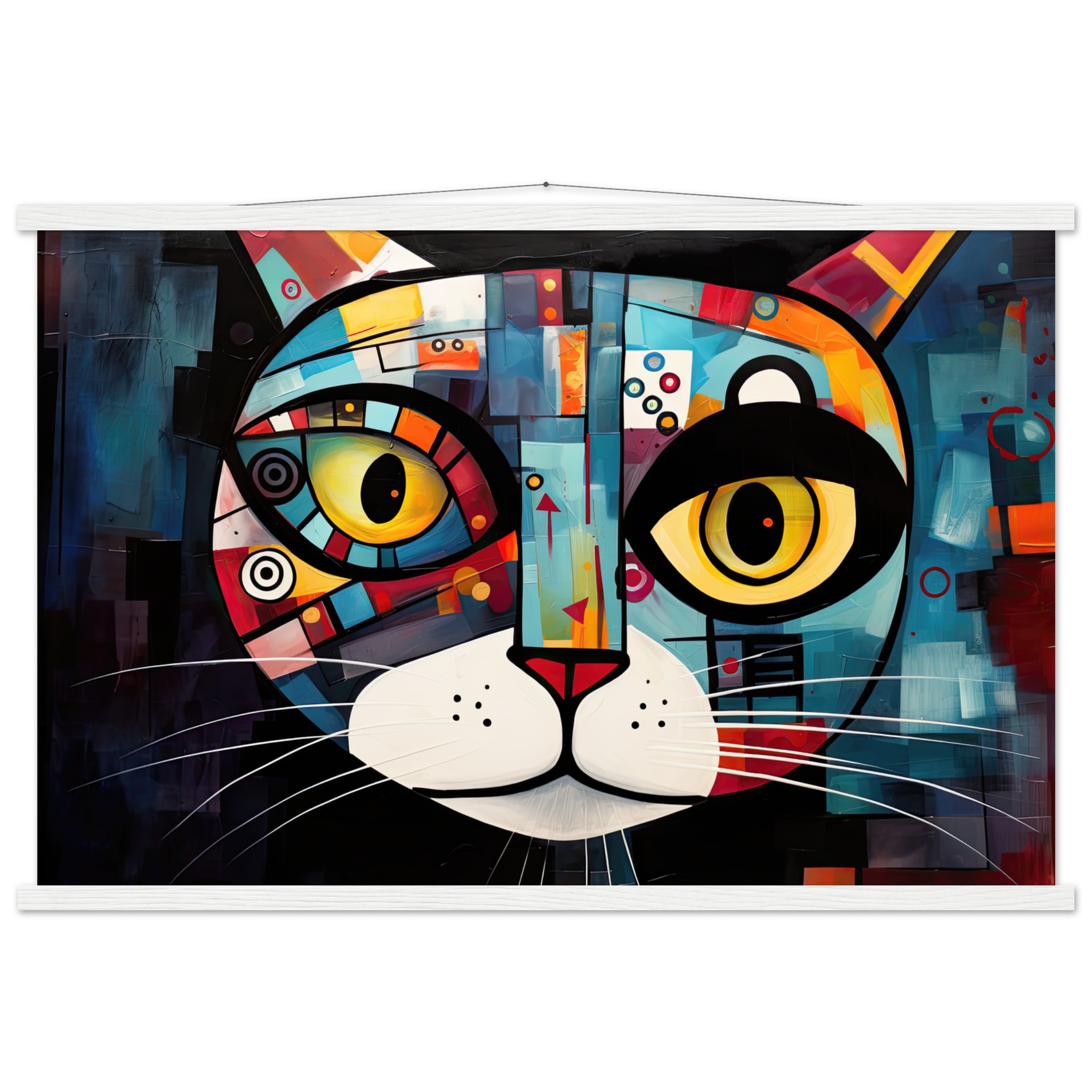 Abstract Painted Cat Face Hanging Print – 60×90 cm / 24×36″, White wall hanger