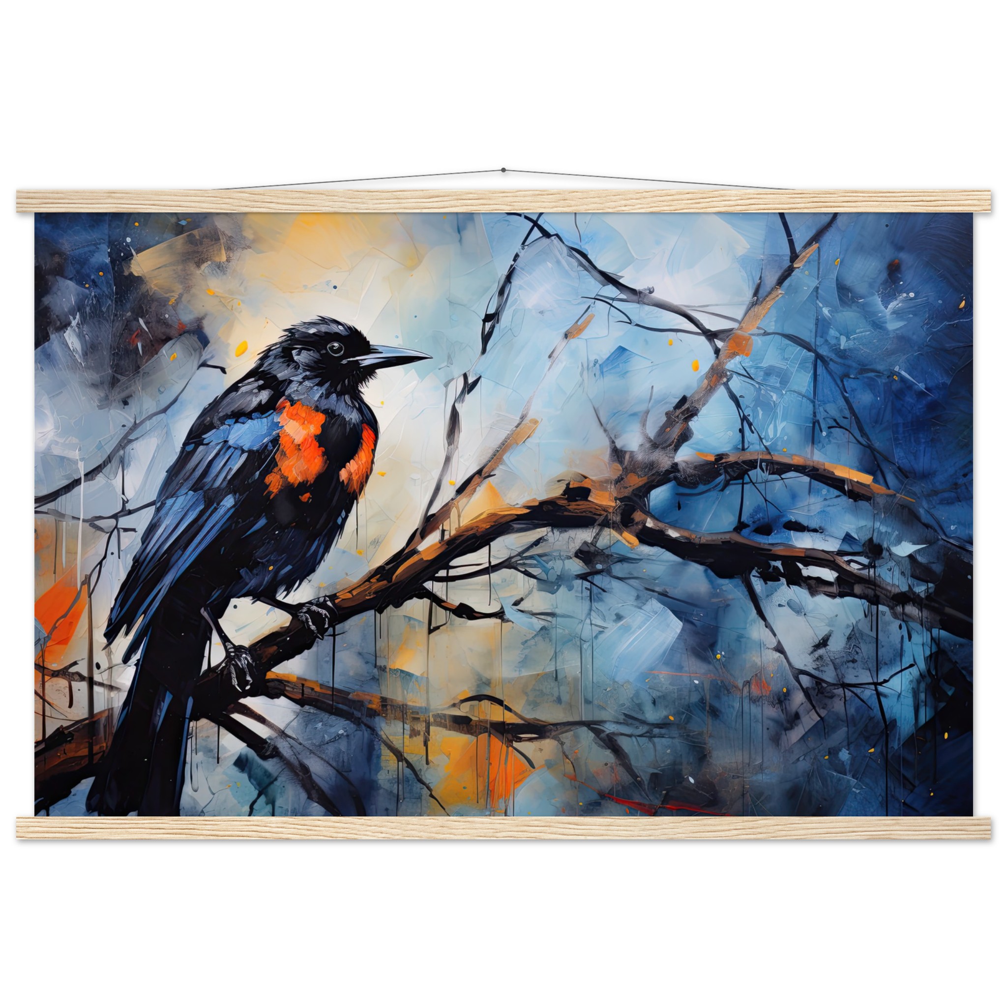 Bird Watercolor Painting Abstract Hanging Print – 60×90 cm / 24×36″, Natural wood wall hanger
