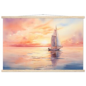 Beautiful Watercolor Sunset Sailboat Hanging Print - 60x90 cm / 24x36″, Natural wood wall hanger
