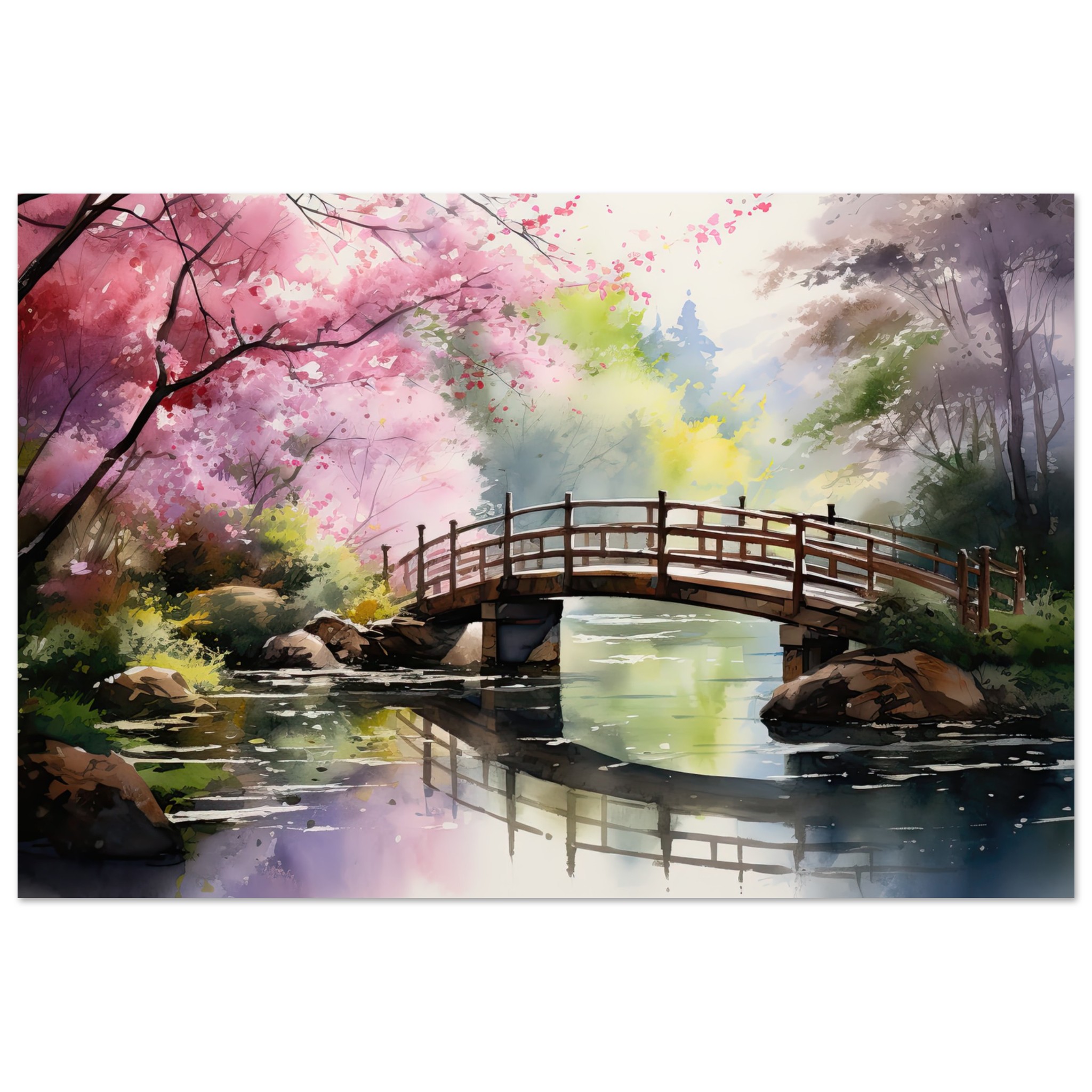 Cherry Blossom Bridge Watercolor Metal Print – 50×75 cm / 20×30″