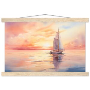 Beautiful Watercolor Sunset Sailboat Hanging Print - 30x45 cm / 12x18″, Natural wood wall hanger