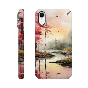 Red Lake Sunset – Watercolor Landscape Phone Case - Tough case, Apple - iPhone XR