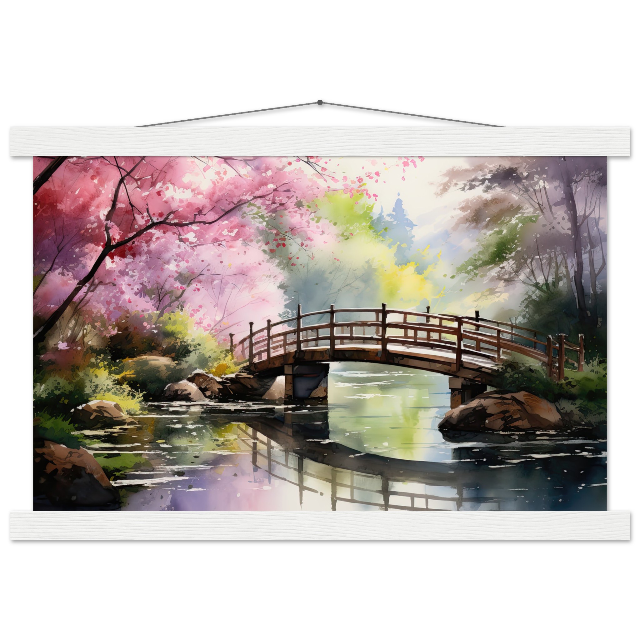 Cherry Blossom Bridge Watercolor Hanging Print