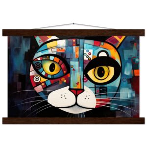 Abstract Painted Cat Face Hanging Print - 30x45 cm / 12x18″, Dark wood wall hanger