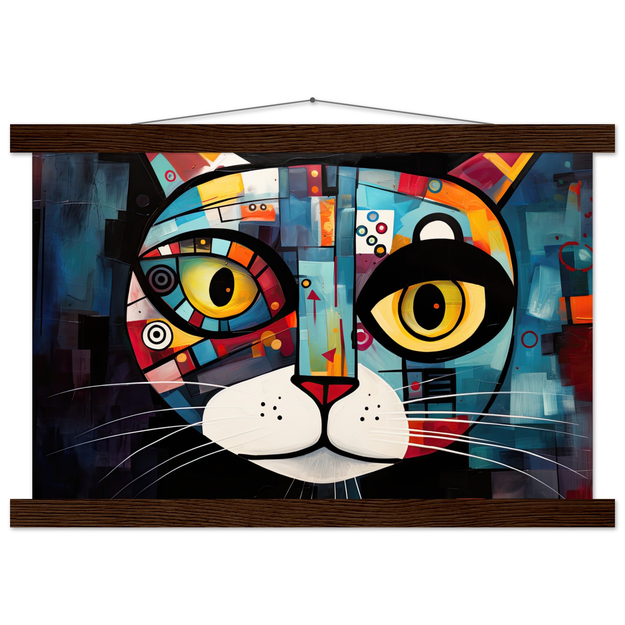 Abstract Painted Cat Face Hanging Print – 30×45 cm / 12×18″, Dark wood wall hanger