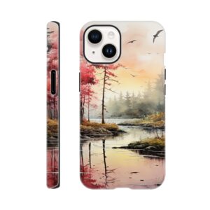 Red Lake Sunset – Watercolor Landscape Phone Case - Tough case, Apple - iPhone 14