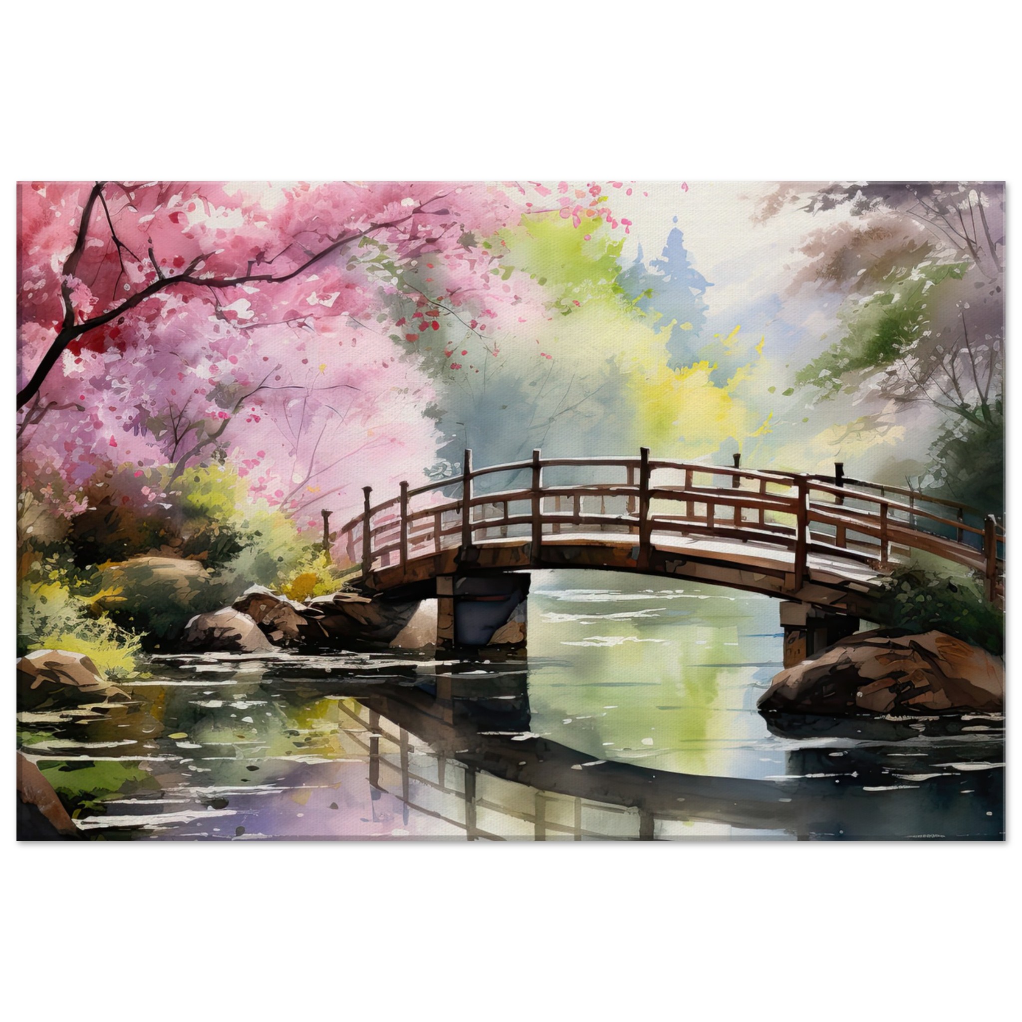 Cherry Blossom Bridge Watercolor Canvas Print – 40×60 cm / 16×24″, Slim