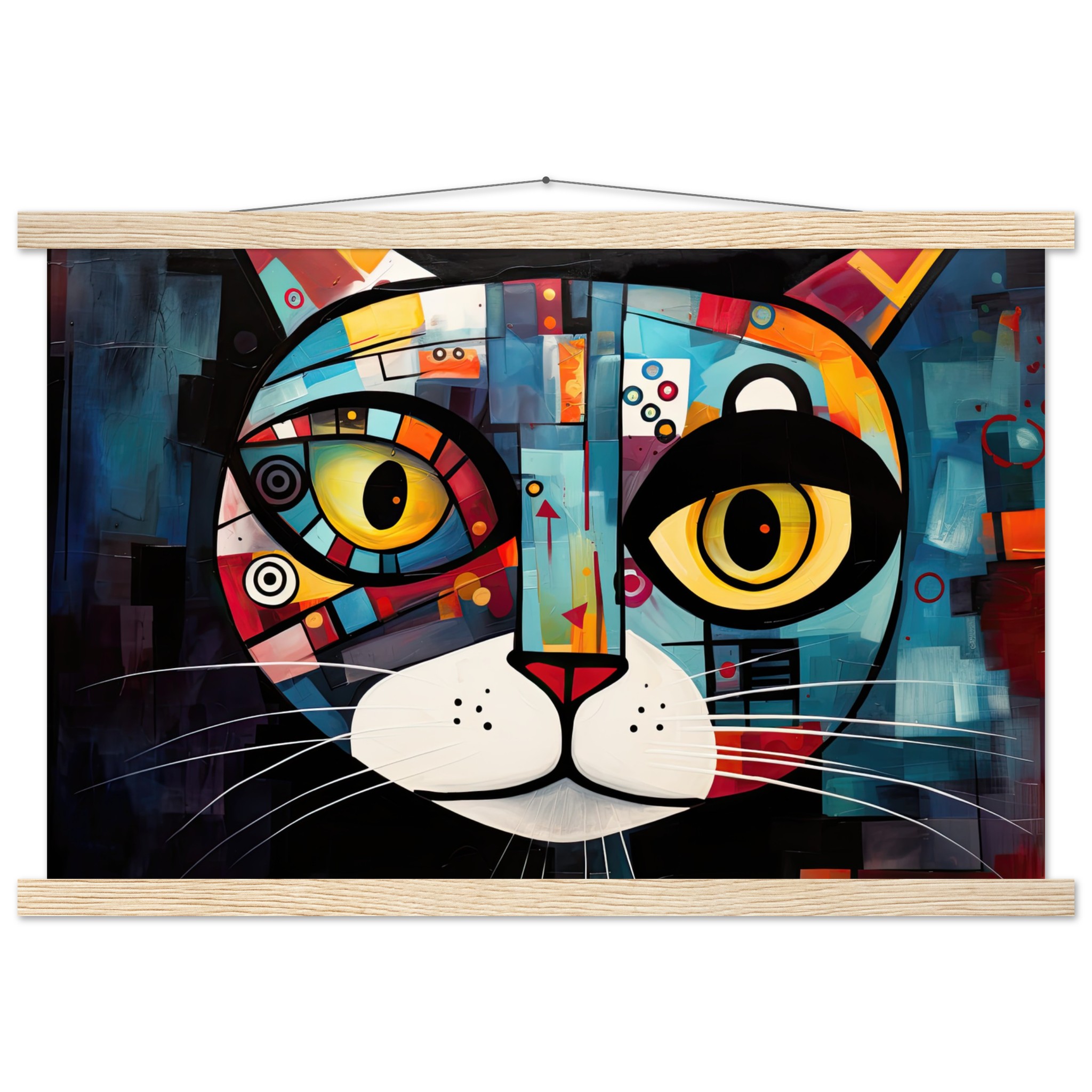 Abstract Painted Cat Face Hanging Print – 40×60 cm / 16×24″, Natural wood wall hanger
