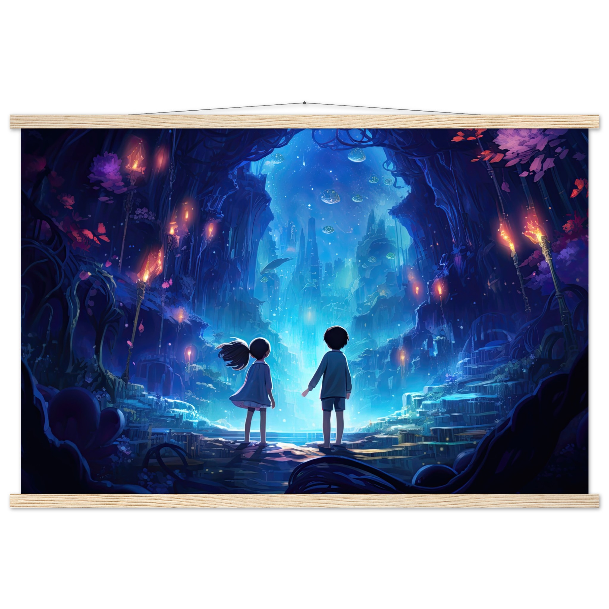 A World of Wonder – Anime Style Hanging Print – 60×90 cm / 24×36″, Natural wood wall hanger