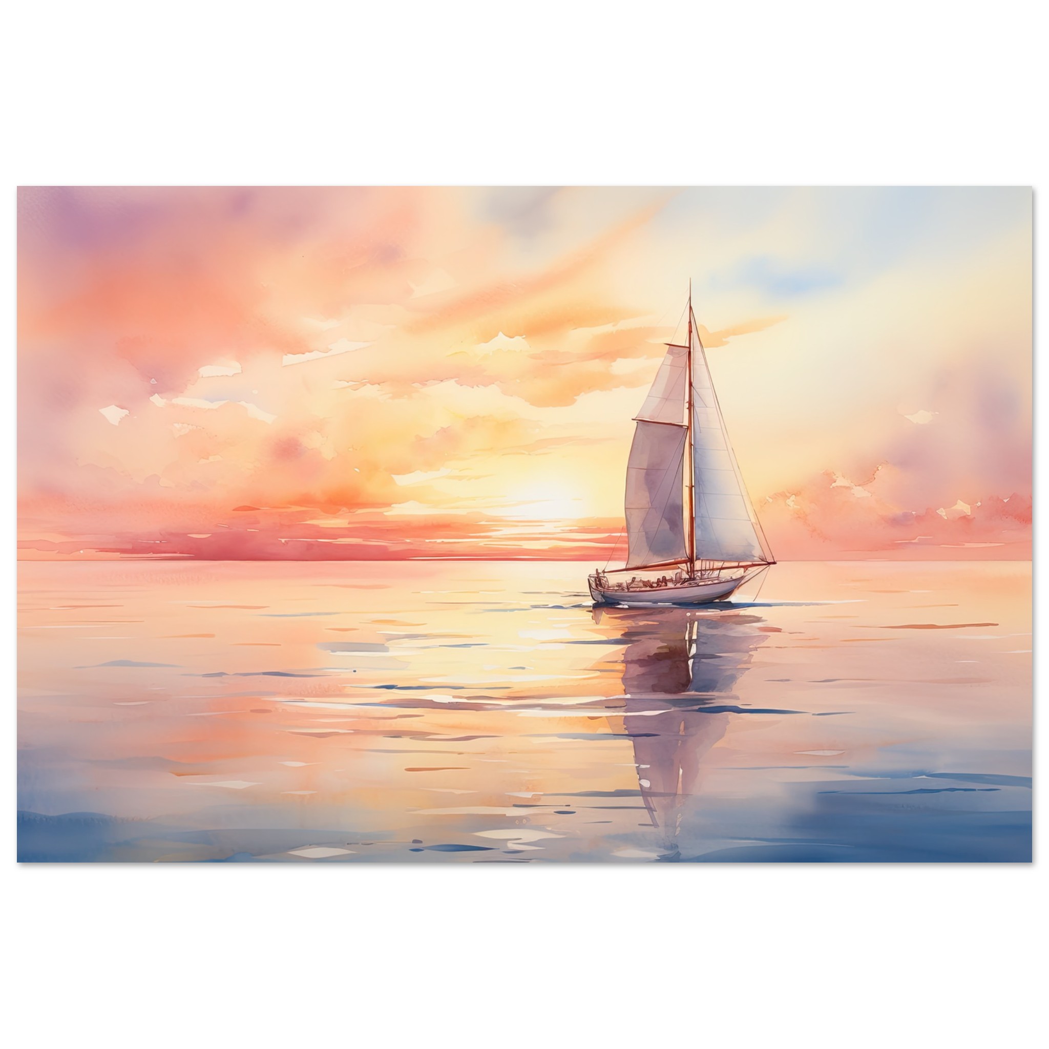 Beautiful Watercolor Sunset Sailboat Metal Print – 40×60 cm / 16×24″