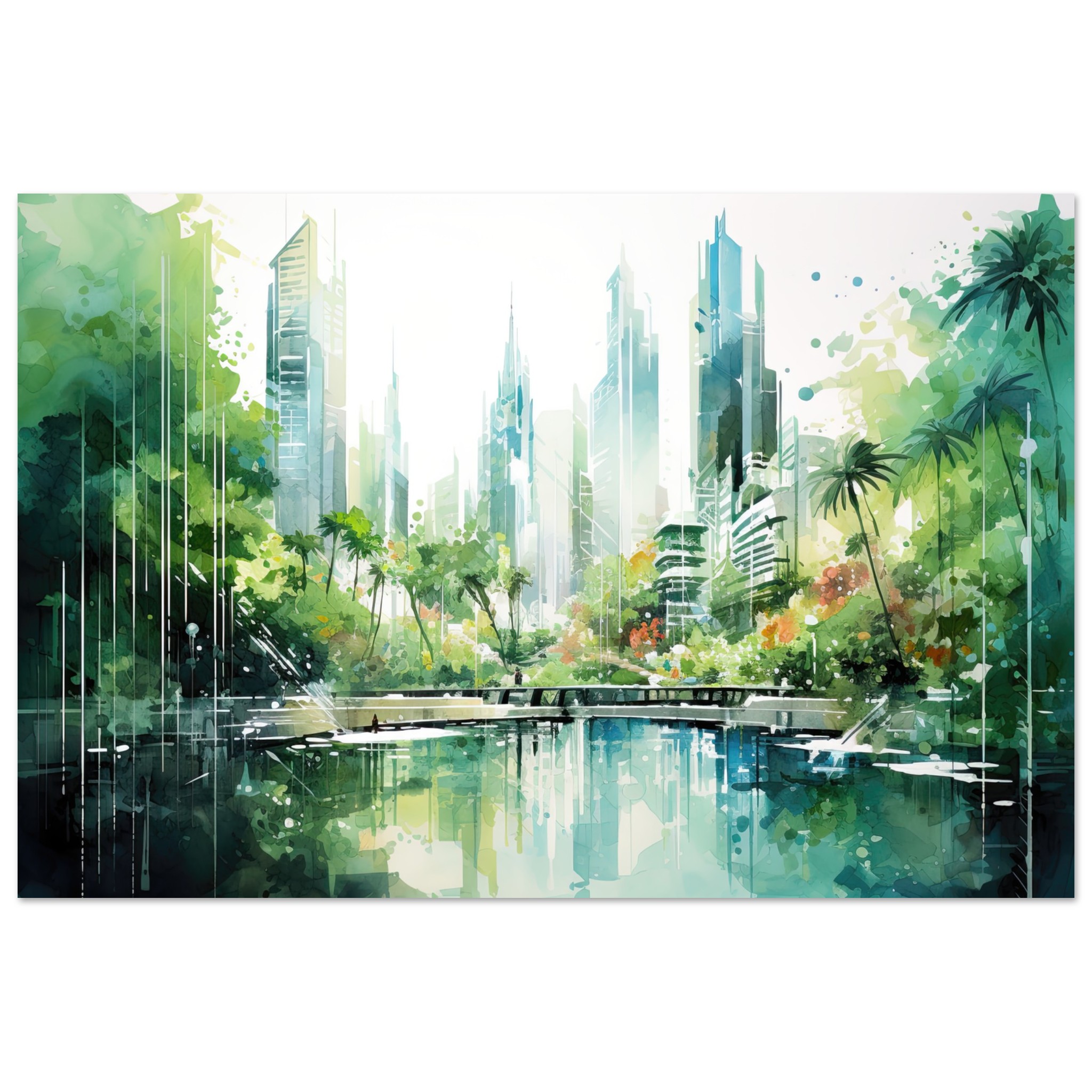 Rainy City Day Watercolor Metal Print – 50×75 cm / 20×30″