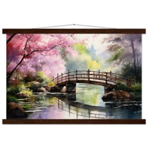 Cherry Blossom Bridge Watercolor Hanging Print - 40x60 cm / 16x24″, Dark wood wall hanger