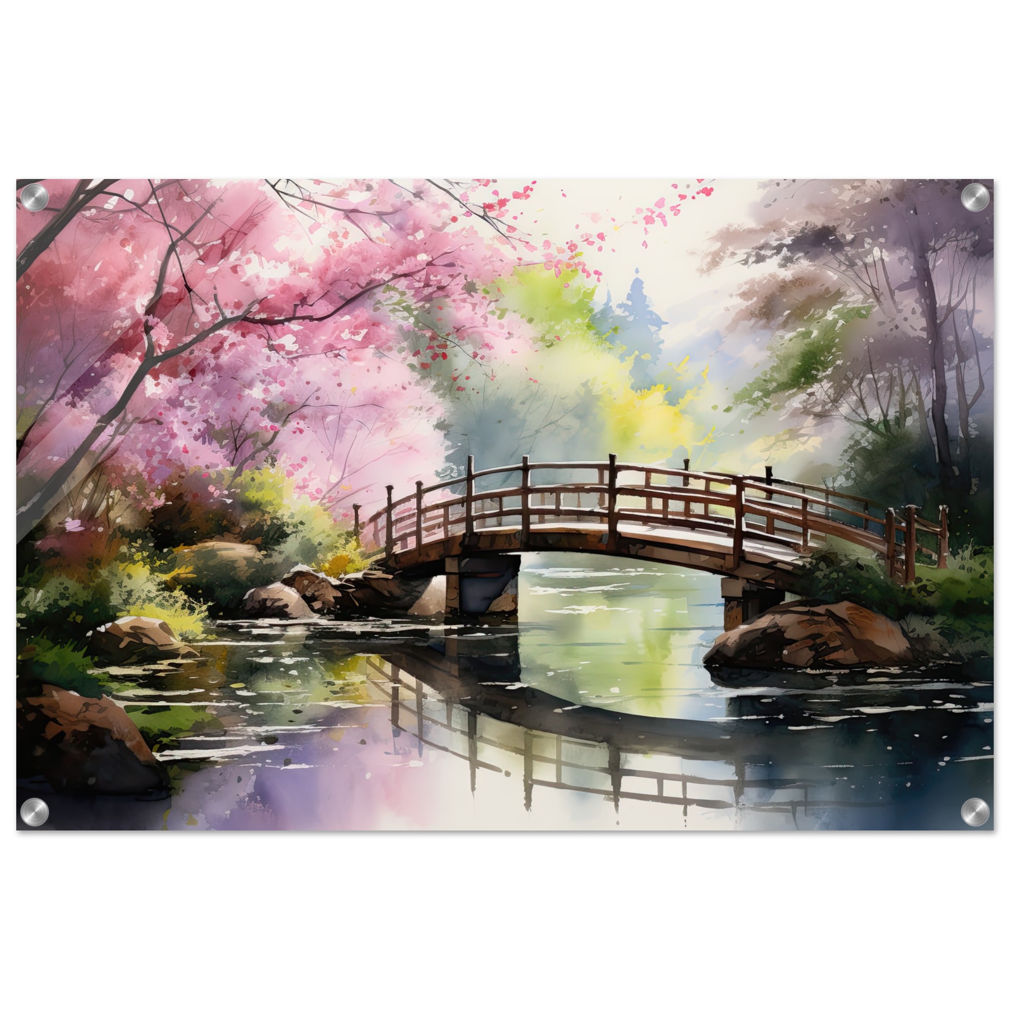 Cherry Blossom Bridge Watercolor Acrylic Print – 50×75 cm / 20×30″