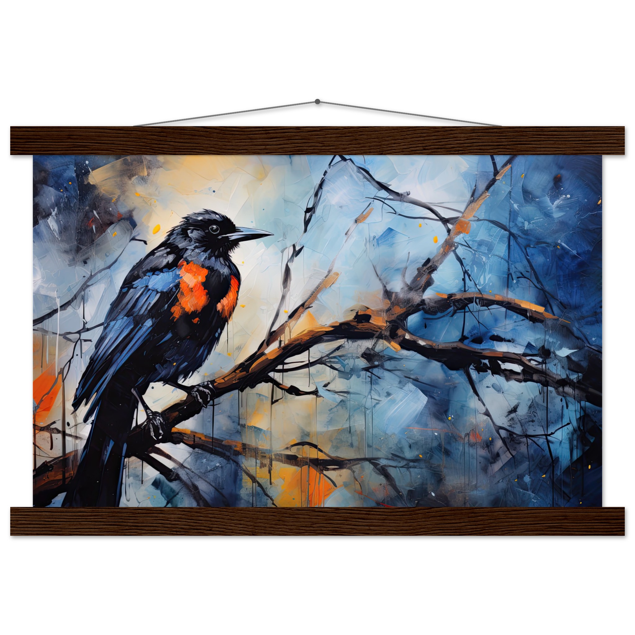 Bird Watercolor Painting Abstract Hanging Print – 30×45 cm / 12×18″, Dark wood wall hanger