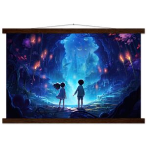 A World of Wonder - Anime Style Hanging Print - 40x60 cm / 16x24″, Dark wood wall hanger